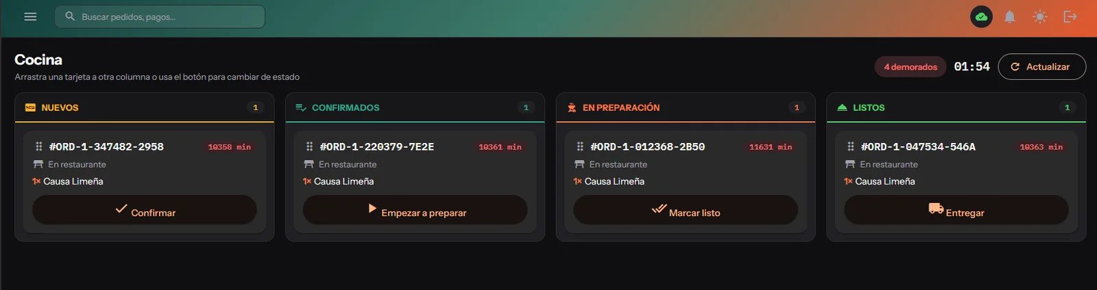Pantalla de cocina de GastroAdmin con cuatro columnas: nuevos, confirmados, en preparación y listos